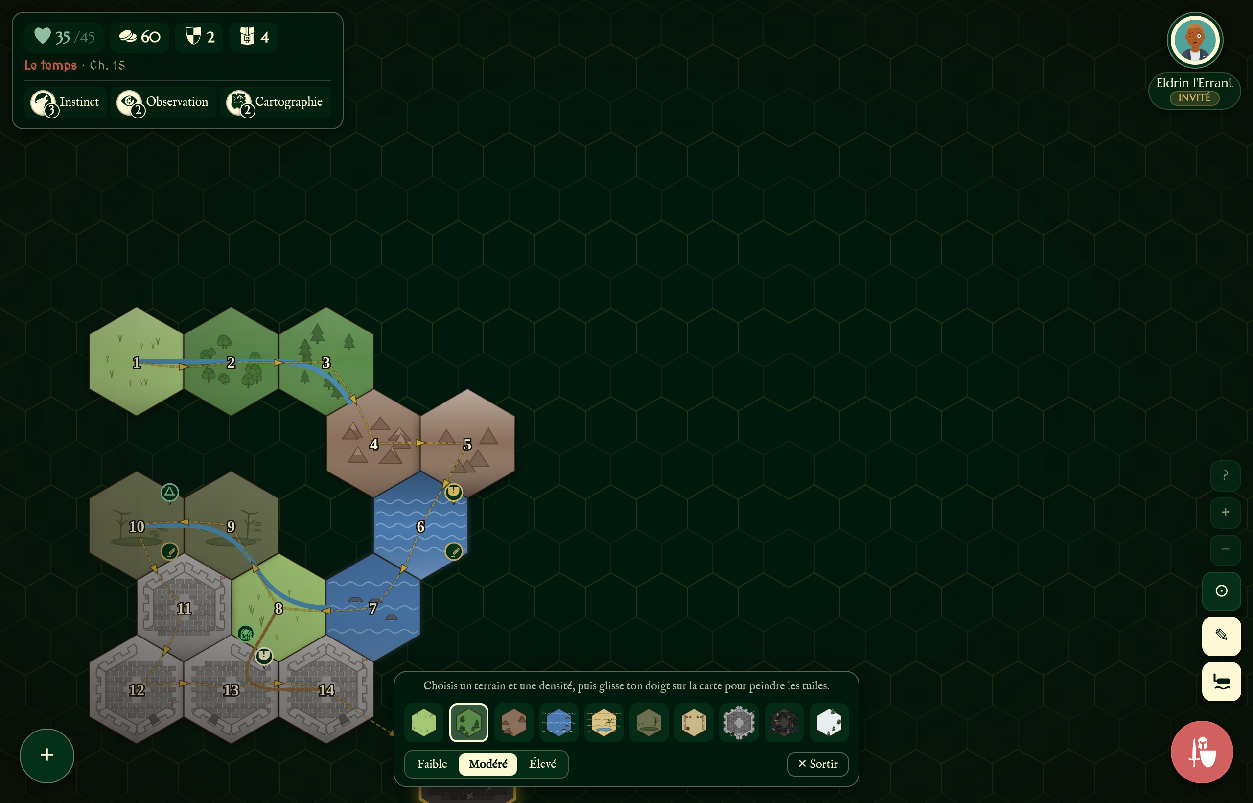 Mode pinceau actif sur la carte avec barre flottante : 10 vignettes terrain et 3 boutons densité