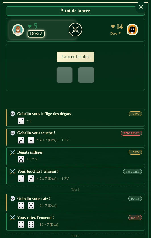 Combat-play en mode mobile : health-summary sticky en haut, bouton Lancer les dés au centre, log column-reverse en bas