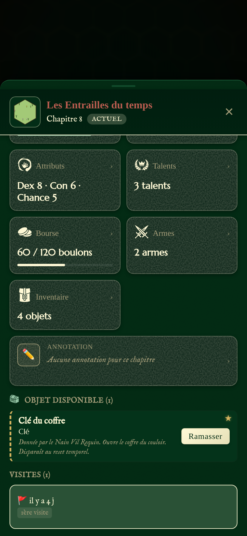 Panneau de tuile montrant la section Objet disponible avec Clé du coffre et bouton Ramasser