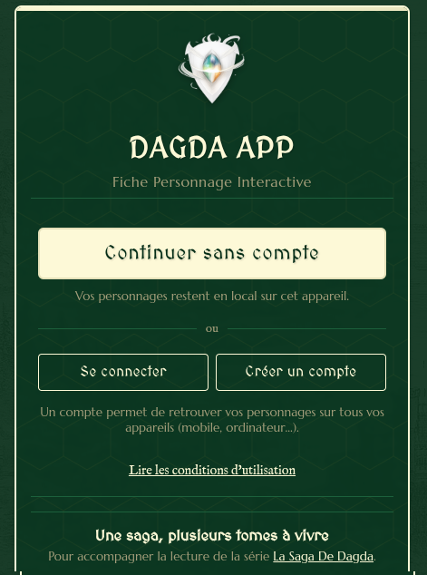 Écran de connexion refondu : logo Dagda, trois boutons (Continuer sans compte, Se connecter, Créer un compte), galerie des trois tomes