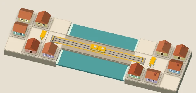Deux rives séparées par l'eau, chacune avec ses maisons et sa station, reliées par une ligne de tram jaune