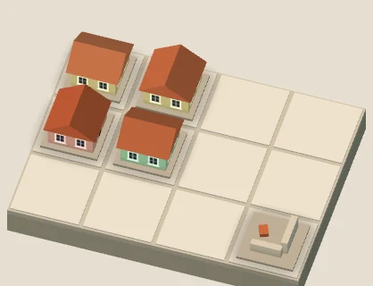 Après un tour : une famille s'est installée sur la case libre, et la maison seule a laissé une ruine