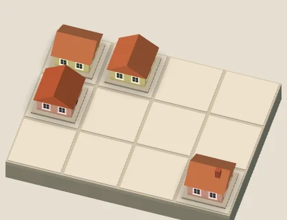 Avant : trois maisons autour d'une case libre, et une maison seule plus loin