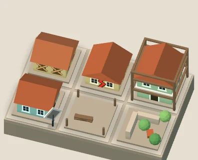 Six cases avec leurs signes : une maison barricadée, une maison fissurée qui se tasse, un échafaudage, un panneau, des fondations, des pousses sur une ruine