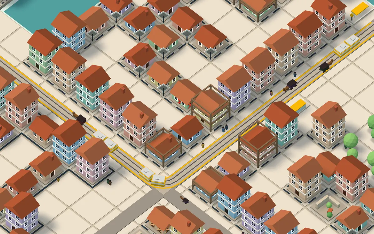 De près : la voie jaune du tram dans les rues, ses arrêts, des rames et des passants entre les maisons