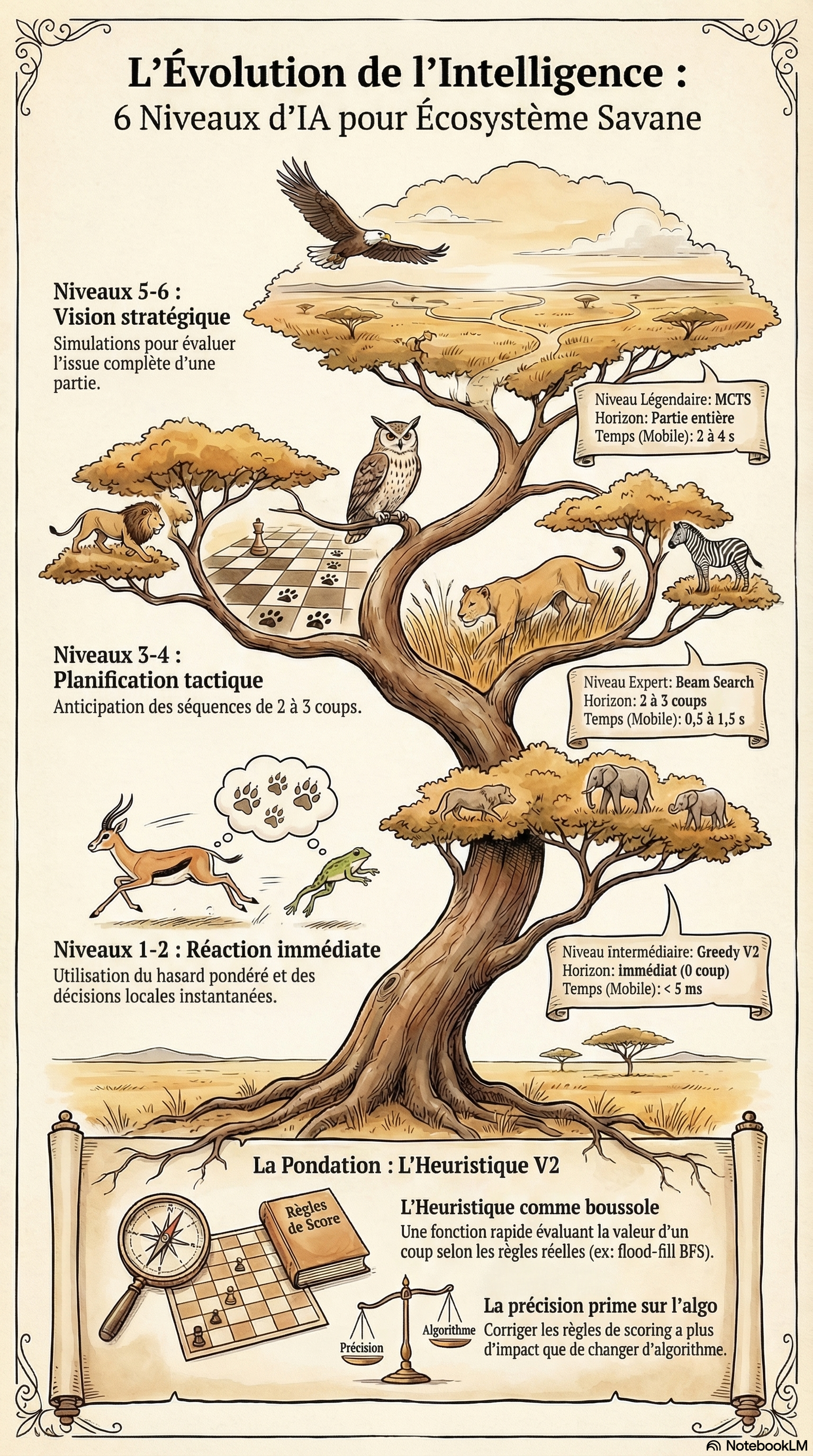 Six niveaux d'IA pour un jeu de plateau — du hasard pondéré au beam search Monte Carlo